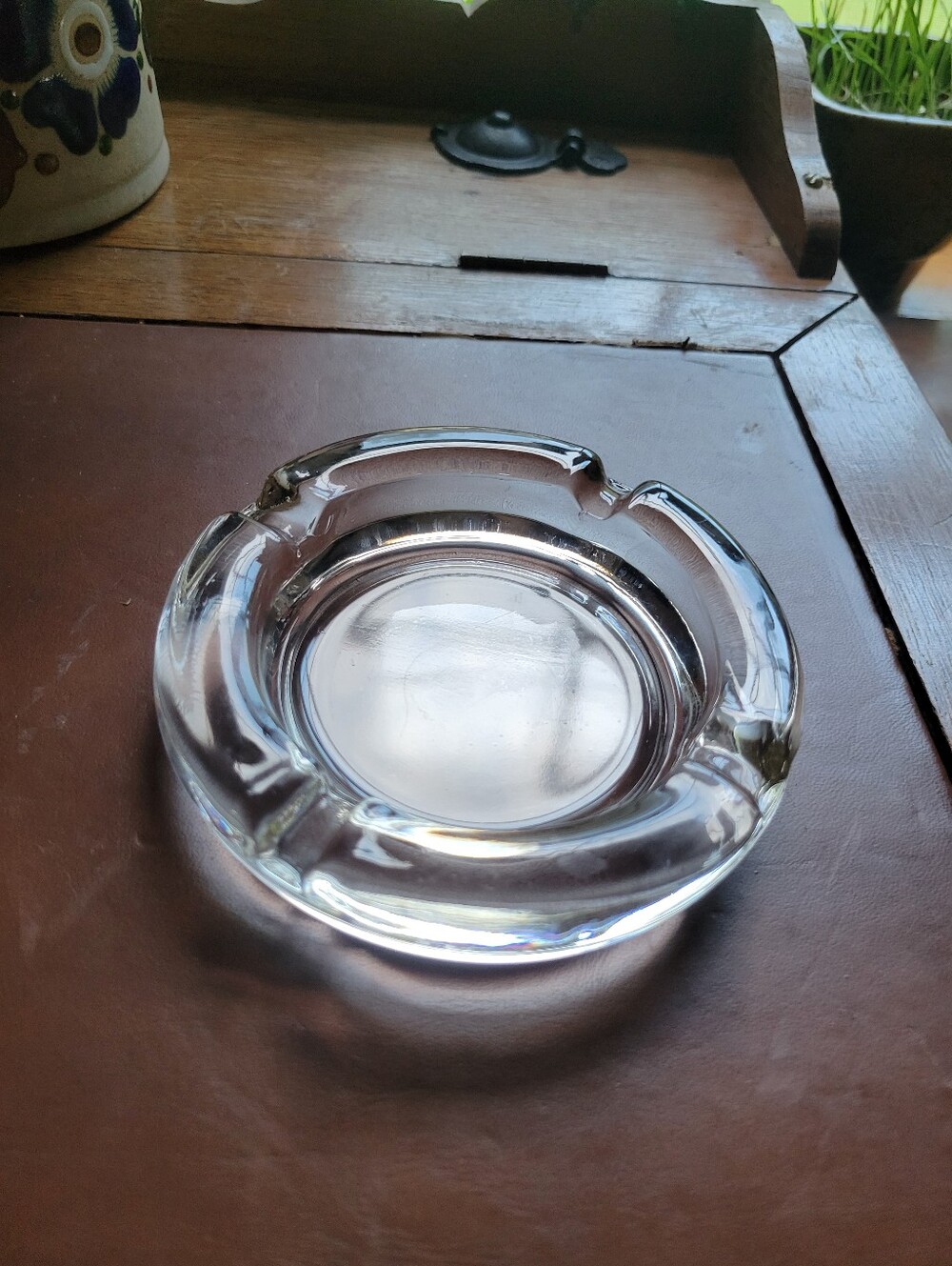 Vintage Clear Glass Round Ashtray 4.25" Diameter 4  Slot Cigarette